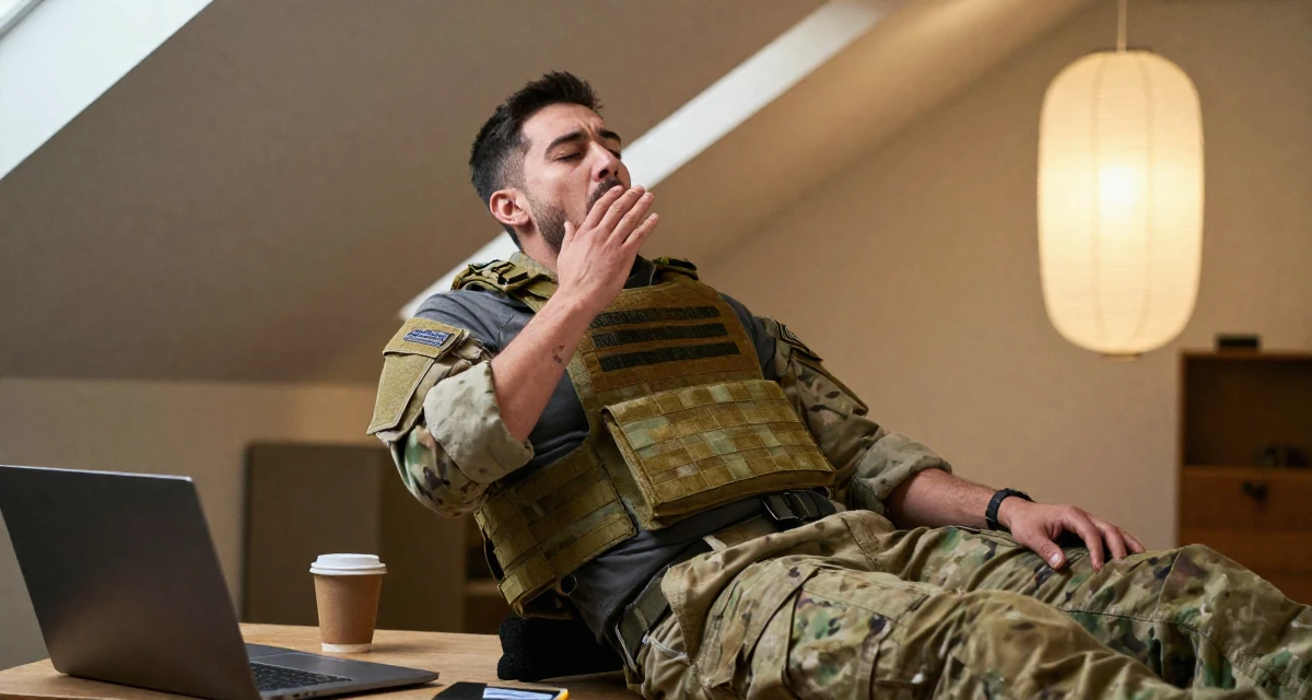 A absent-minded male Born in Colombia, majored in media innovation in their 23, balancing vulnerability and professionalism,
wearing a tactical military gear with a cropped vest and cargo pants, stifling a yawn in a attic room.