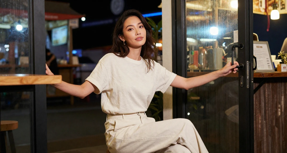 A relaxed Female Former café waitress, now documenting daily aesthetics for fans in their 32, advocating for work-life boundaries,
wearing a soft organic cotton clothing, opening a door in a night market stall.