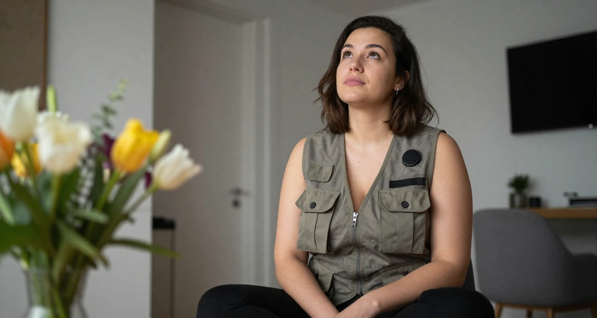 A content Female From Belgium, has a degree in international law in their 25, learning lighting tricks that highlight sensual curves safely,
wearing a urban explorer utility vest look, looking up at the sky in a modern apartment.