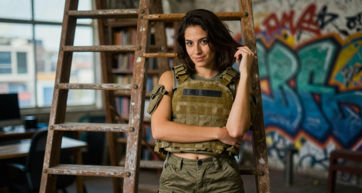 A coy Female From Cape Town South Africa, studied film editing in their 24, maintaining anonymity while growing faster,
wearing a tactical military gear with a cropped vest and cargo pants, running fingers through hair in a old library with wooden ladders.