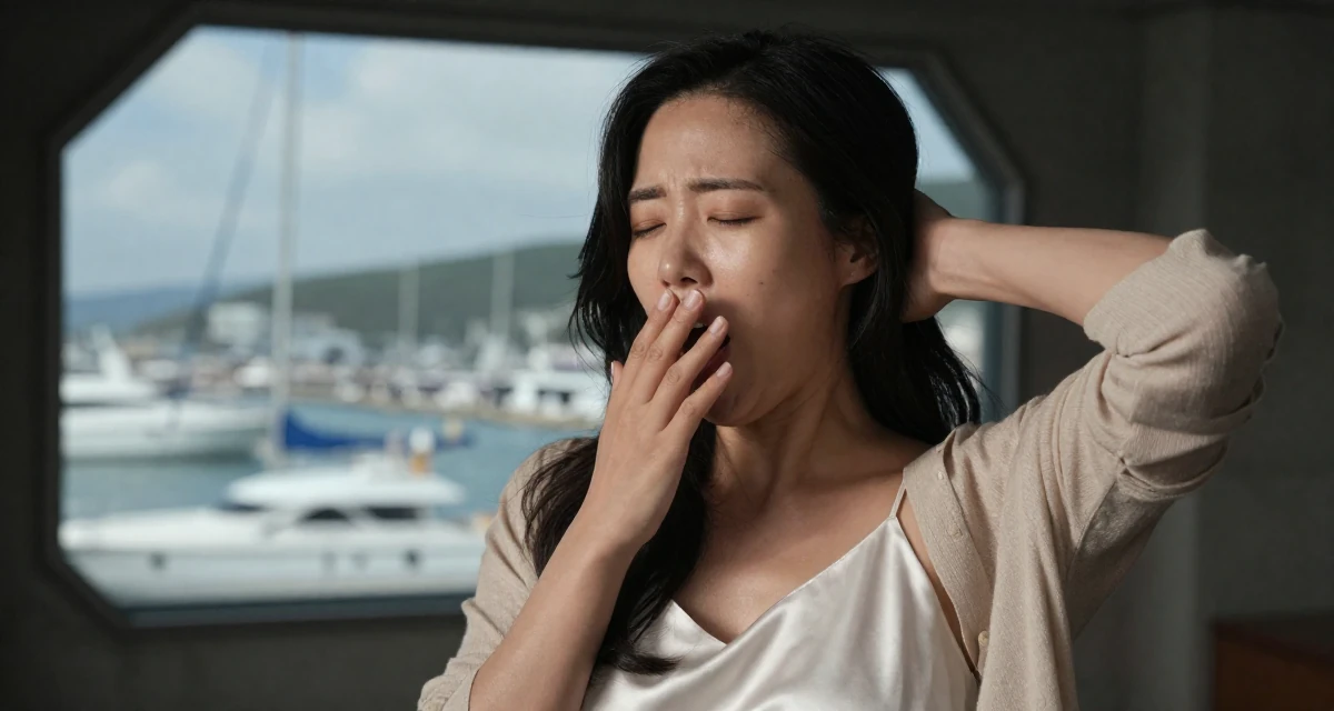 A quietly happy Female From South Korea, trained in broadcasting and media in their 27, dealing with the emotional cost of visibility,
wearing a white silk camisole and a beige cardigan, yawning discreetly in a dungeon cell.