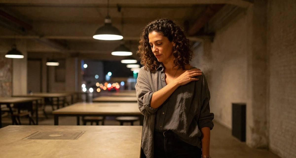 A pensive Female From Portugal, majored in architecture in their 49, focusing on spiritual growth and grounding,
wearing a relaxed streetwear, dusting off the shoulder in a industrial loft.