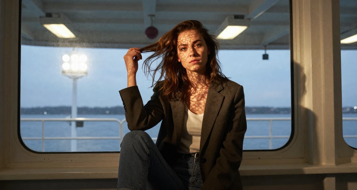 A intimidating Female From Czech Republic, studied photography and cinematography in their 25, managing tight budgets as a student,
wearing a smart casual blazer ensemble, twirling a lock of hair in a ferry deck.