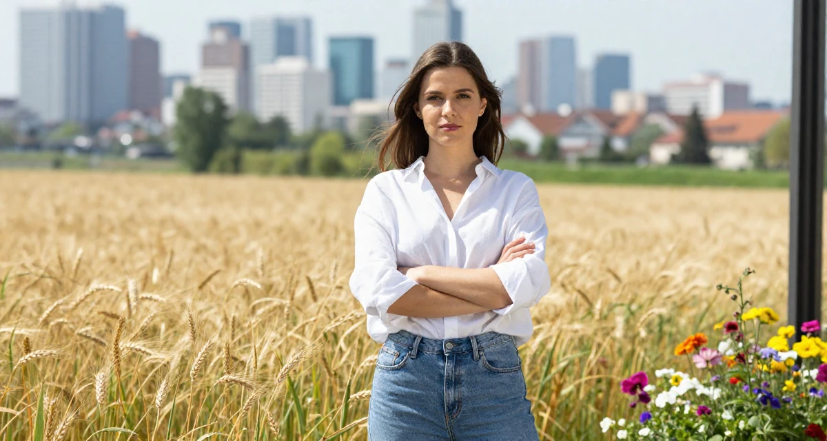 A stoic Female From Austria, majored in music theory in their 22, realizing that “overnight success” is a lie,
wearing a effortless white blouse and jeans, crossing arms confidently in a golden wheat field.