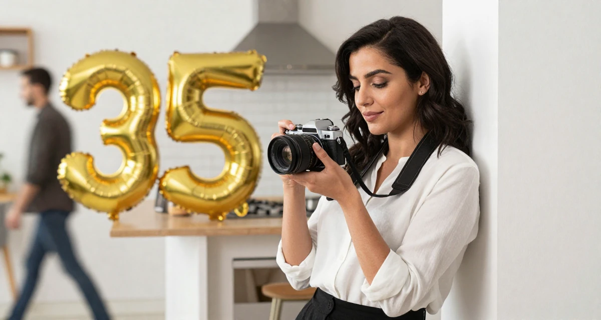 A serene and peaceful Female From Arabic-speaking world, majored in health administration in their 35, celebrating a major career milestone,
wearing a minimalist everyday clothing, holding a camera ready to shoot in a rustic kitchen.