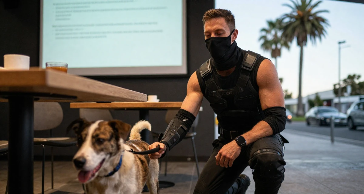 A zen-like male From Melbourne Australia, studied creative directing for social content in their 24, establishing a distinct professional reputation,
wearing a tech-wear ninja outfit with a face mask, walking a dog (leash visible) in a breakfast nook.