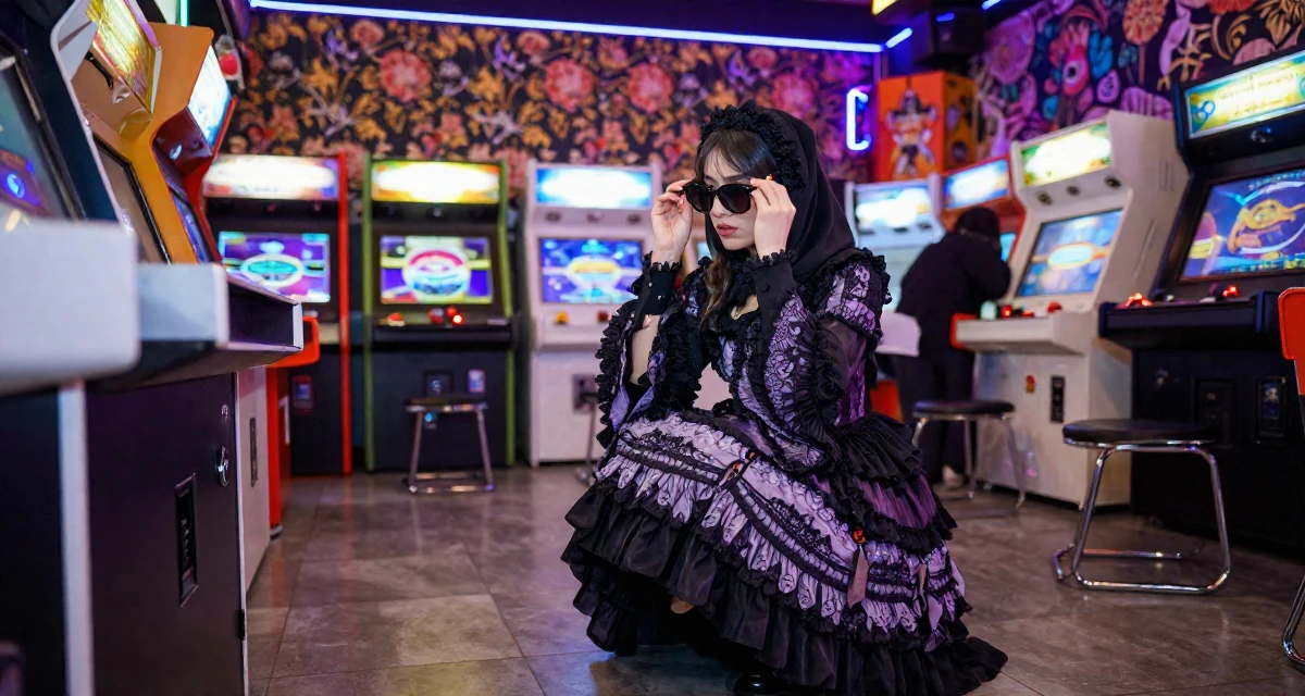 A timid Female From Arabic-speaking world, majored in health administration in their 42, expert consultant sharing industry secrets,
wearing a elaborate gothic lolita dress with frills and lace, putting on sunglasses in a arcade room with neon lights.