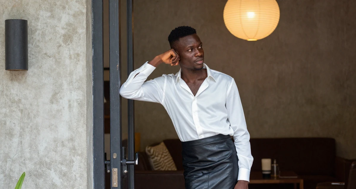 A introspective male From Kenya, based in Nairobi, graduated from a creative institute majoring in aesthetic communication in their 22, developing a bold persona that feels authentically “me”,
wearing a white silk shirt tucked into a leather pencil skirt, pulling a door open in a hotel lobby.