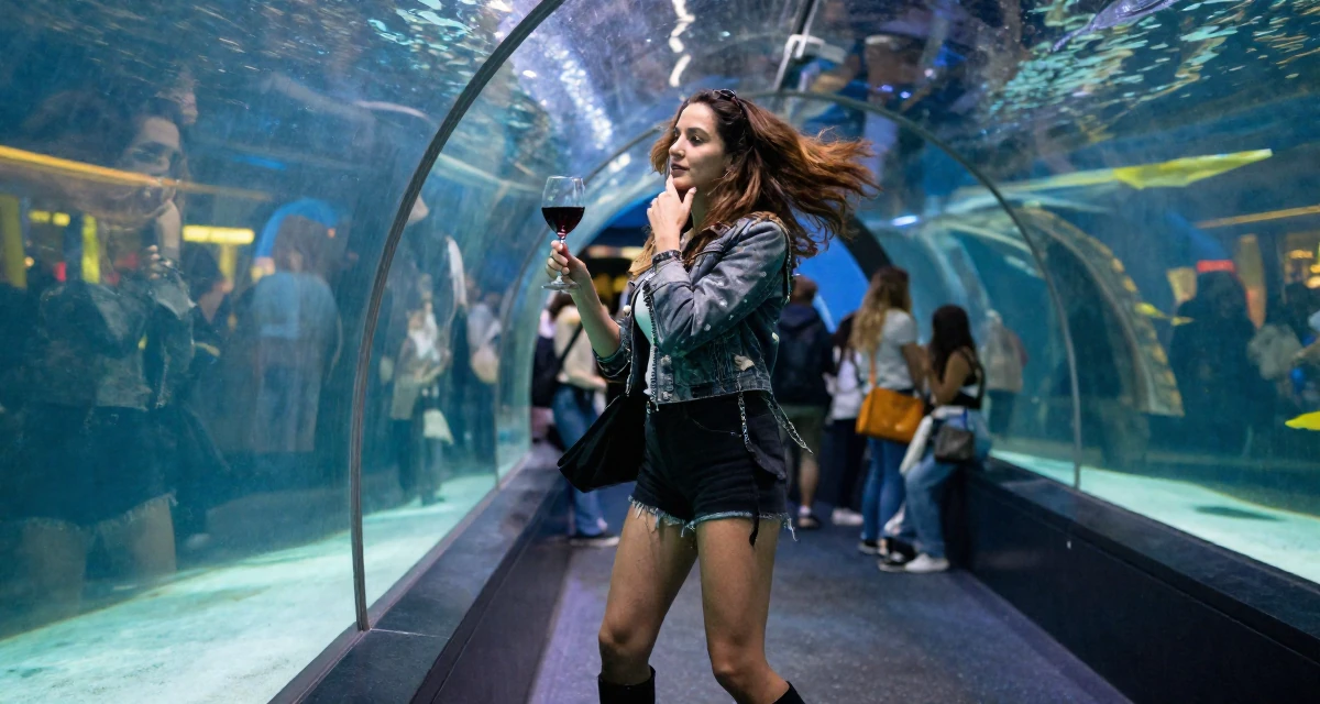 A alluring Female Once a junior marketing intern, now a full-time creator in their 30, rebuilding self-worth beyond content performance,
wearing a edgy street style with boots, touching the chin thoughtfully in a aquarium tunnel.