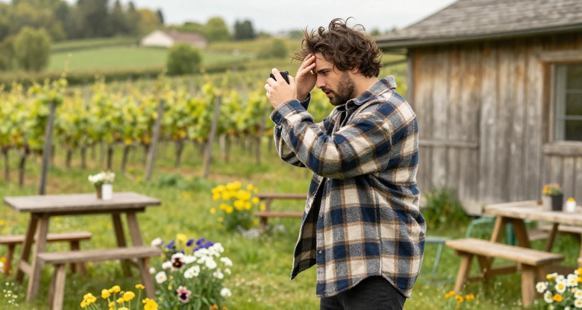 A intense and captivating male From France, based in Lyon, graduated from an arts school majoring in fashion communication in their 23, regretting creative decisions but needing to post anyway,
wearing a cozy oversized flannel, taking a photo in a farm field.