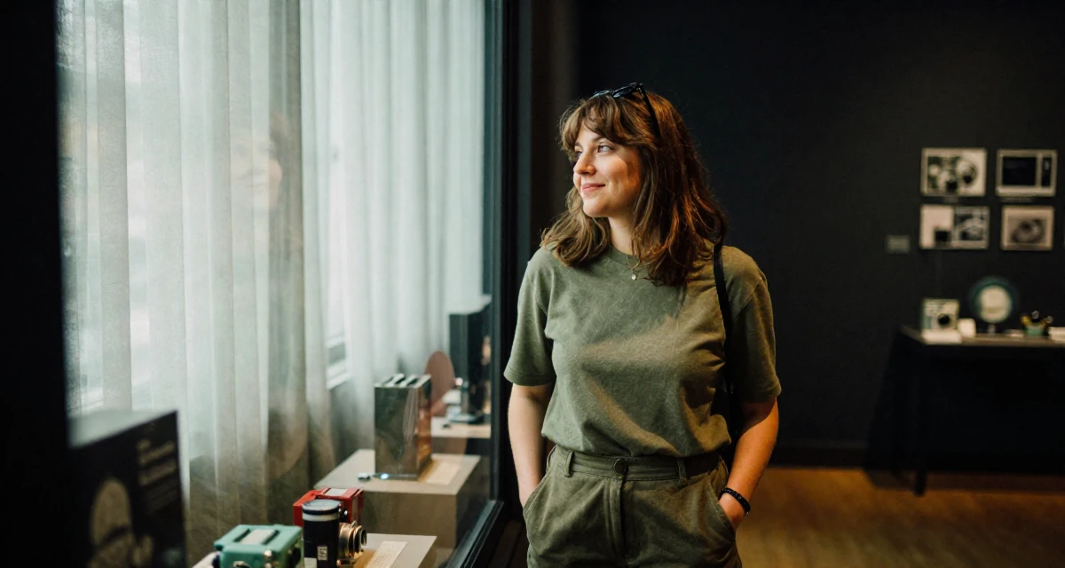 A lighthearted Female Raised in the UK, studied marketing strategy in their 27, investing in equipment instead of vacations,
wearing a muted olive green tones, looking at a reflection in a window in a museum exhibit.