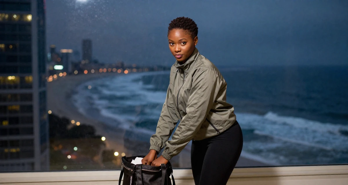 A teasing Female From Ivory Coast, studied music production in their 21, hiding insecurity behind a perfect makeup look,
wearing a sporty windbreaker and leggings, reaching into a bag in a modern skyscraper lobby.