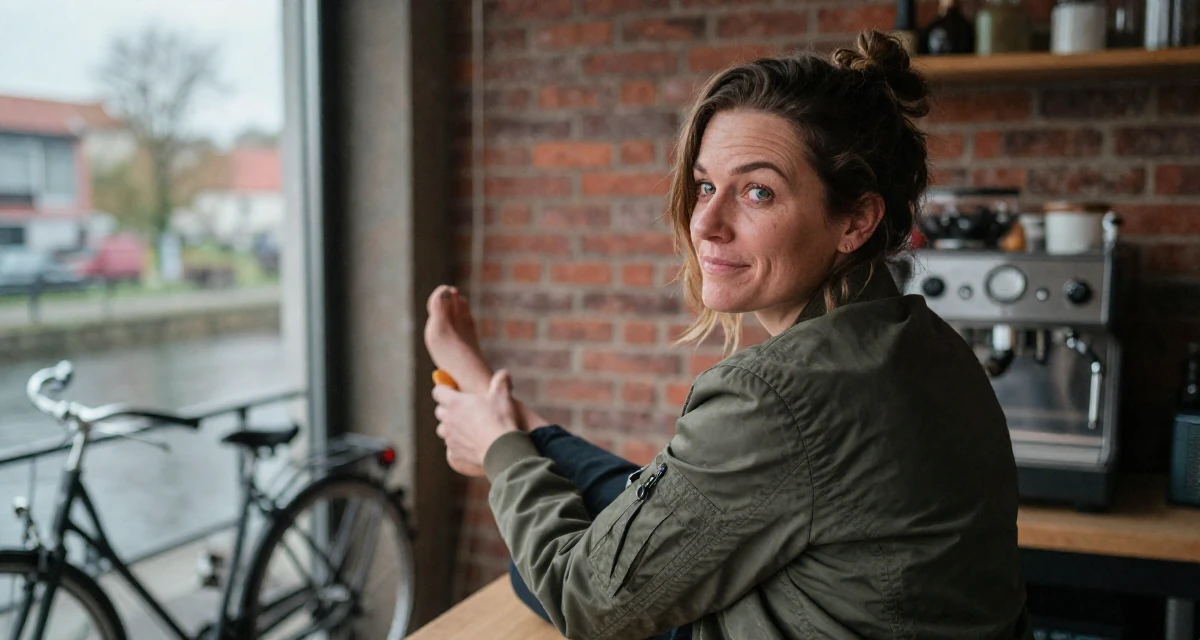 A relaxed Female From Germany, has a background in psychology in their 49, noticing early burnout signs,
wearing a classic bomber jacket style, tapping a foot rhythmically in a loft apartment with brick walls.