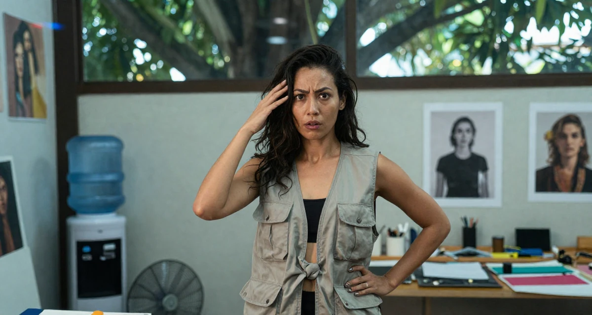 A determined Female From Bali Indonesia, practiced mindful movement and self-portrait art in their 22, building fans who appreciate charm over shock,
wearing a urban explorer utility vest look, pushing hair from face in a fashion design studio.