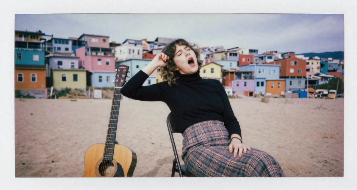 A wild Female From Berlin Germany, explored body art and alternative fashion scenes in their 25, balancing social life with evolving ambitions,
wearing a classic black turtleneck tucked into a plaid midi skirt, stifling a yawn in a desert landscape.