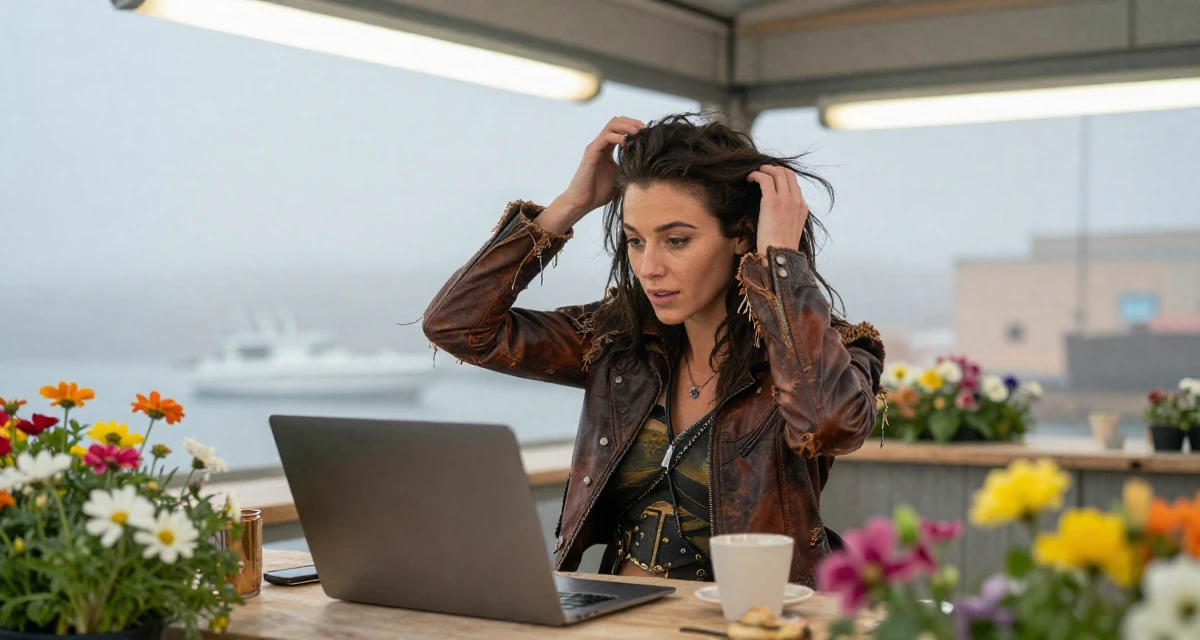 A reflective Female Former spa receptionist, now blending beauty with calm-aesthetic content in their 38, sharing tips for effective remote work,
wearing a post-apocalyptic scavenger outfit with distressed leather, messing up hair playfully in a foggy harbor.