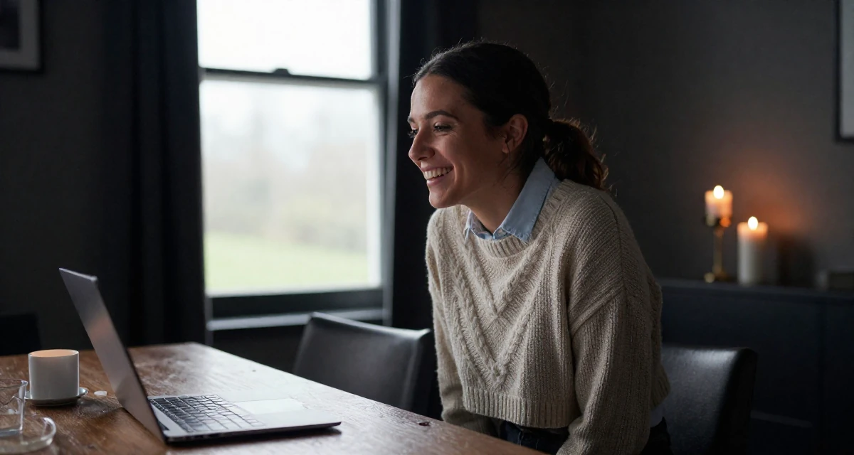 A passionate Female From Ireland, based in Cork, graduated from a regional college majoring in digital content creation in their 25, strengthening personal boundaries and priorities,
wearing a cropped sweater over a collared shirt, laughing softly in a dining room.