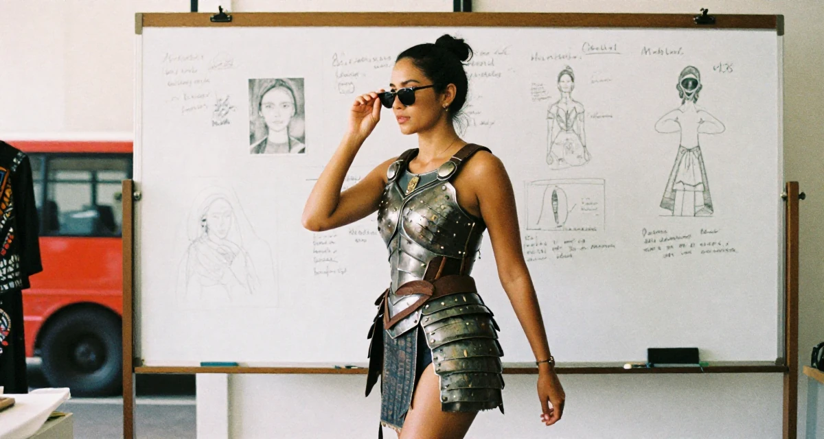 A relaxed Female From Bali Indonesia, practiced mindful movement and self-portrait art in their 25, balancing social life with evolving ambitions,
wearing a battle-damaged armor showing skin underneath, lowering sunglasses to look out in a fashion design studio.