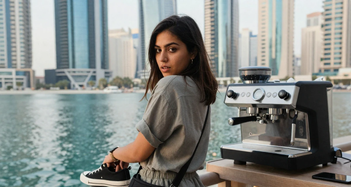 A fearless Female From Abu Dhabi UAE, learned studio production and lighting design in their 22, building early digital portfolios,
wearing a comfortable travel outfit, looking down at shoes in a lakeside dock.