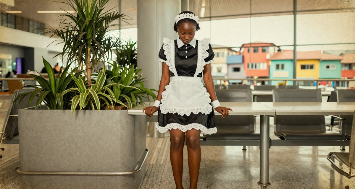 A mellow Female From Uganda, majored in telecommunication engineering in their 20, stressing over finals and future uncertainty,
wearing a french maid costume with black silk and white lace, resting hands on a table in a airport departure lounge.