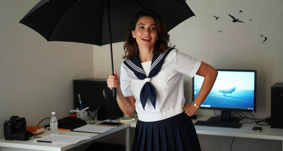 A joyful Female From Ankara Türkiye, practiced intimate photography aesthetics in their 43, sophisticated travel vlogger for mature women,
wearing a Japanese school sailor uniform (seifuku) with a pleated skirt, holding an umbrella in a messy desk.