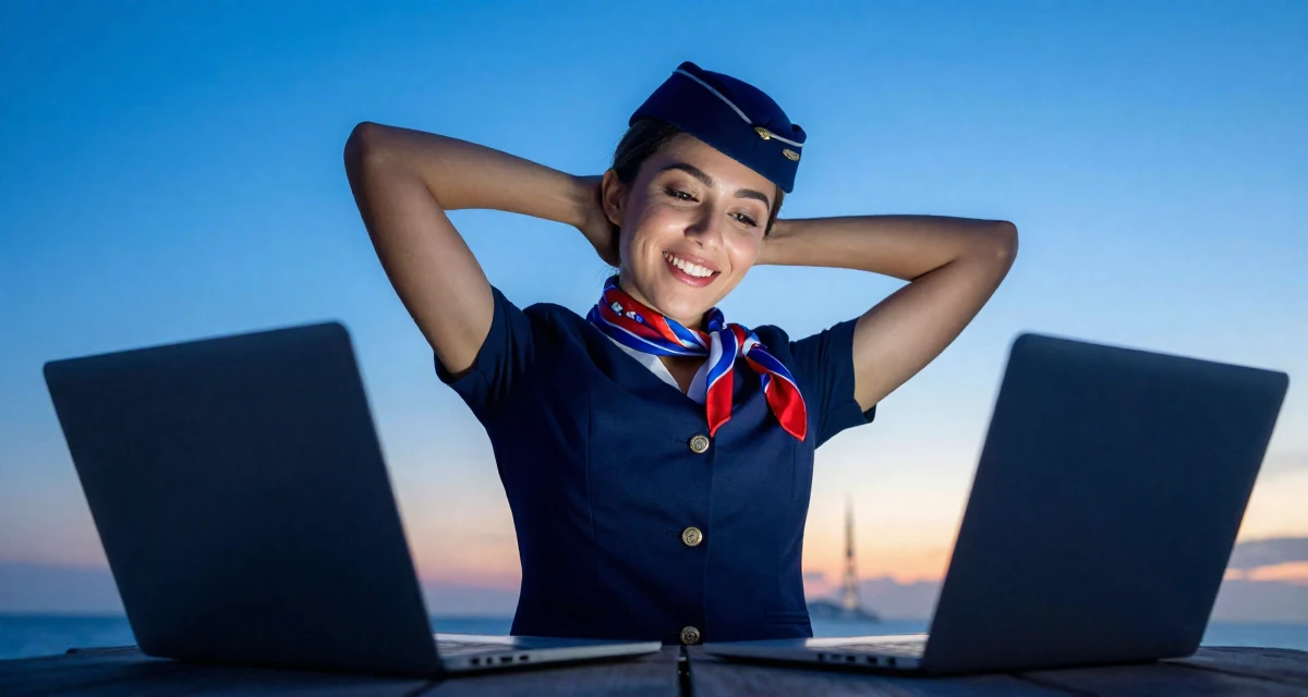 A joyful Female From USA, has a background in real estate in their 22, embracing bold concepts while respecting boundaries,
wearing a flight attendant uniform with a silk scarf, clasping hands together in a sunset beach.