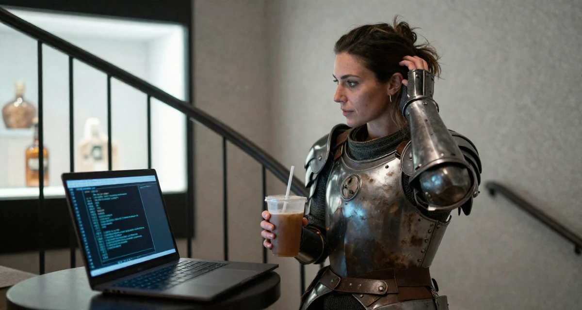 A contemplative Female Former nurse in her late 20s, now building a wellness-focused creator brand in their 42, expert consultant sharing industry secrets,
wearing a battle-damaged armor showing skin underneath, holding a cold drink in a winding staircase.