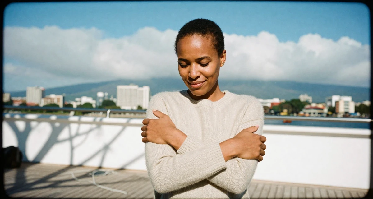 A smiling gently Female From Tanzania, studied wildlife conservation in their 31, digital nomad setting up a base in a new city,
wearing a soft cashmere sweater worn with nothing visible underneath, adjusting sleeves in a yacht deck.