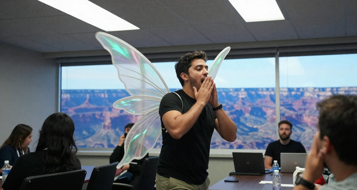 A calmly observant male Former volunteer teacher, now crafting empowering creator narratives in their 23, saving aggressively for a dream travel trip,
wearing a fairy costume with translucent iridescent wings, yawning discreetly in a conference room.