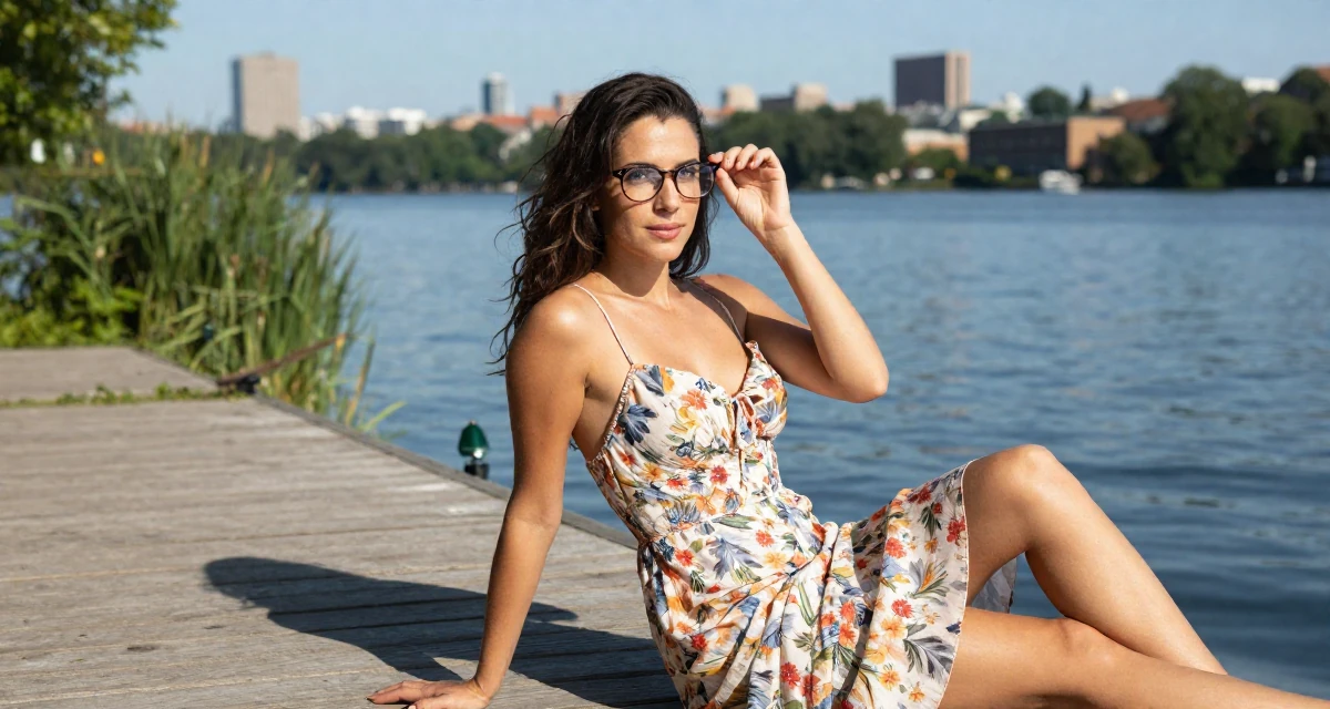 A composed Female Former Uber driver, now building slow-burn lifestyle storytelling in their 24, performing with growing confidence and playful charm,
wearing a backless summer sundress in a floral print, adjusting glasses in a lakeside dock.