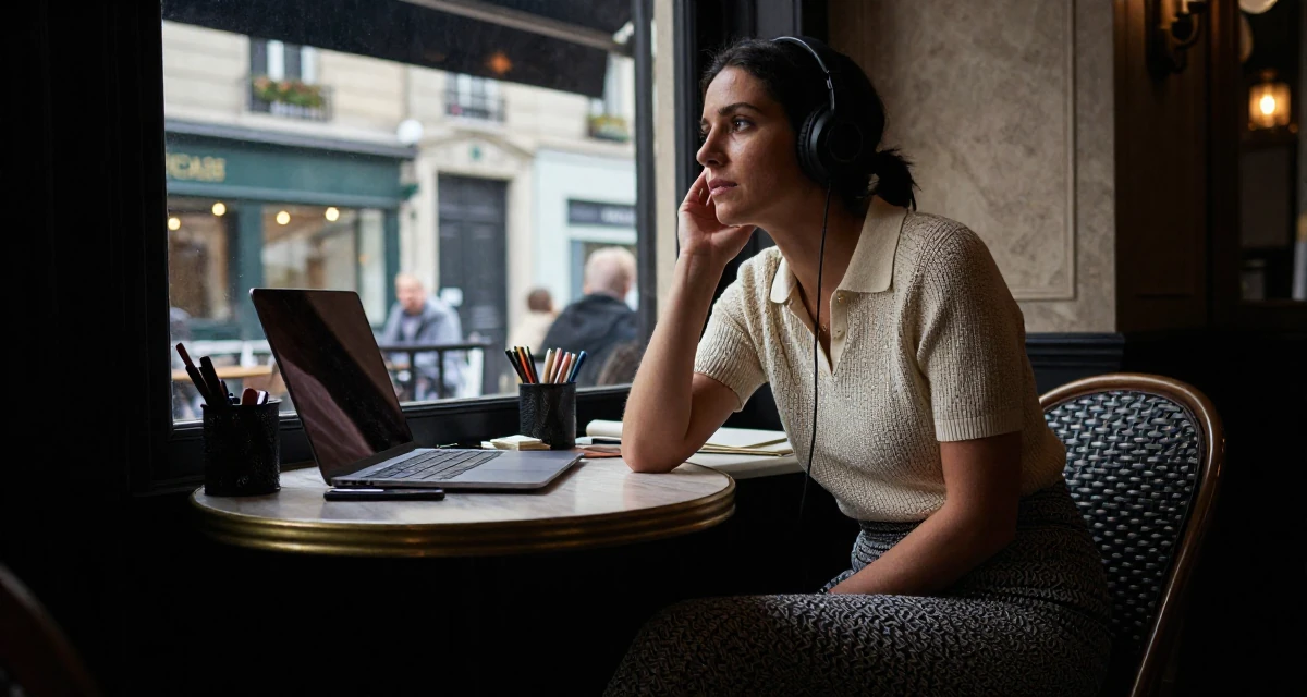A soulful Female From Australia, has a diploma in business administration in their 36, expert in interior design and home decor,
wearing a knitted polo shirt tucked into a midi skirt, listening to music with headphones in a messy desk.
