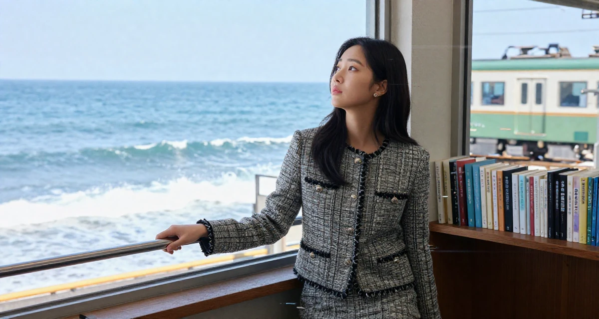 A soulful Female From Busan South Korea, majored in industrial design in their 22, entering the workforce with limited experience,
wearing a classic chanel style tweed suit, holding a railing in a cozy reading nook by a window.