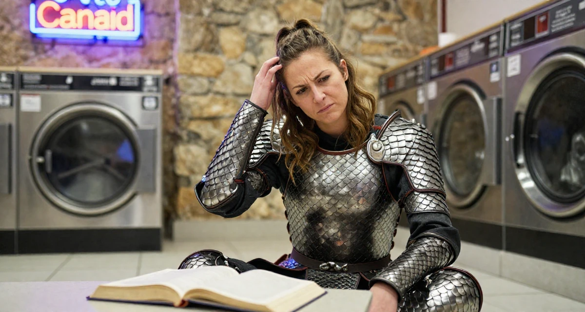 A pouting Female From Canada, studied kinesiology in their 24, fighting guilt when taking a single day off,
wearing a dragon scale armor texture with metallic sheen, scratching a head lightly in a laundromat with neon signs.