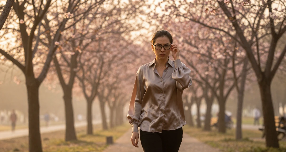 A ferocious Female From Ho Chi Minh City Vietnam, studied creative media and personal branding in their 30, focused on paying off debt and financial freedom,
wearing a silk blouse with oversized cuffs, adjusting glasses in a cherry blossom park.