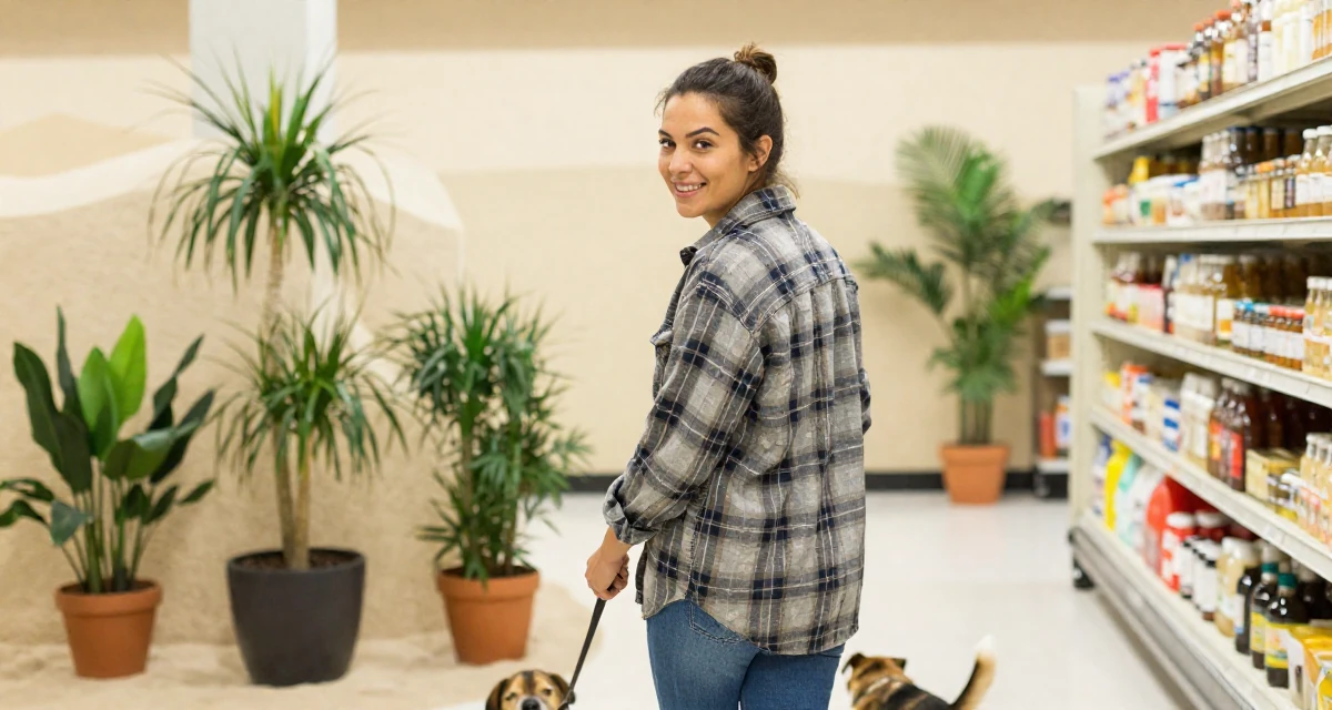 A radiant Female From Chicago USA, holds a degree in communications in their 25, forming independent opinions and values,
wearing a rugged flannel shirt and denim, walking a dog (leash visible) in a supermarket aisle.