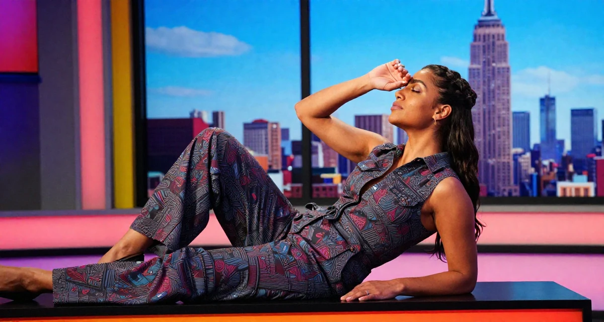 A reflective Female From UK, studied anthropology in their 24, exploring side hustles to supplement income,
wearing a chic jumpsuit styling, covering eyes from the sun in a tv set.