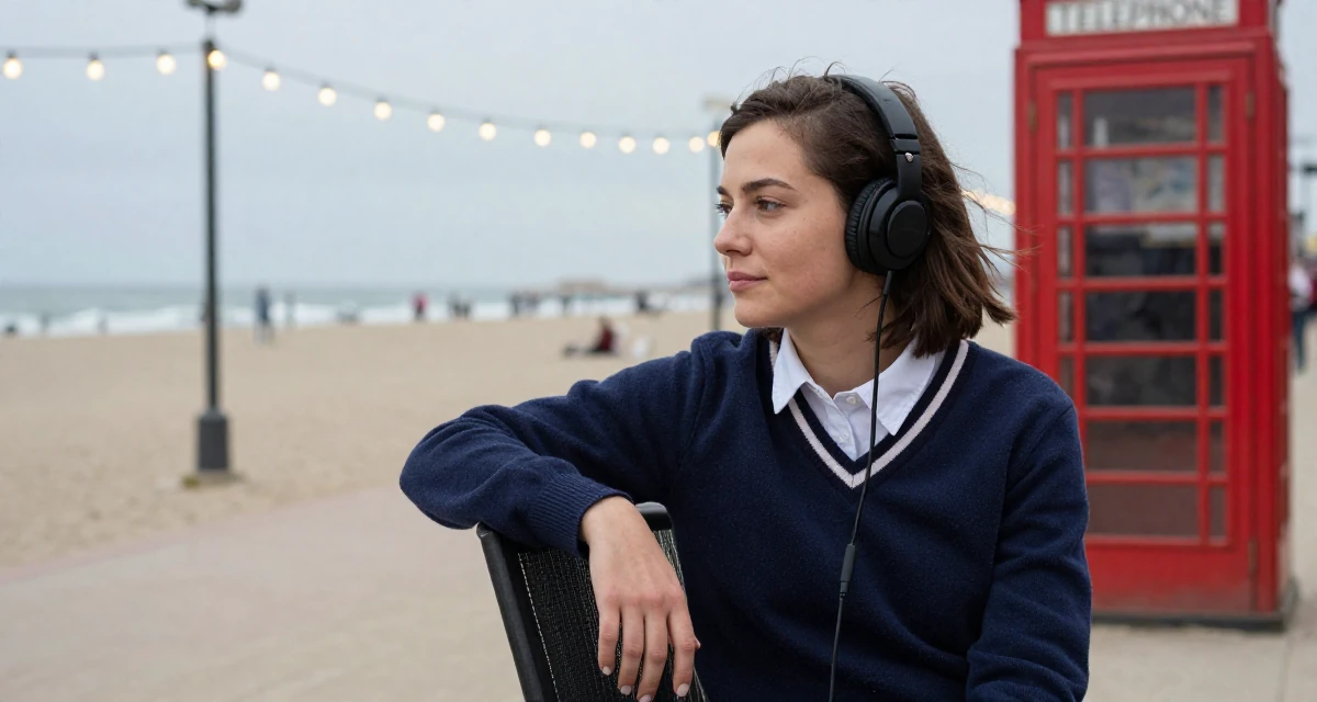 A composed Female Once a bookstore clerk, now offering cozy aesthetic subscription content in their 20, full of naive optimism and energy,
wearing a classic collegiate style, listening to music with headphones in a beach promenade.