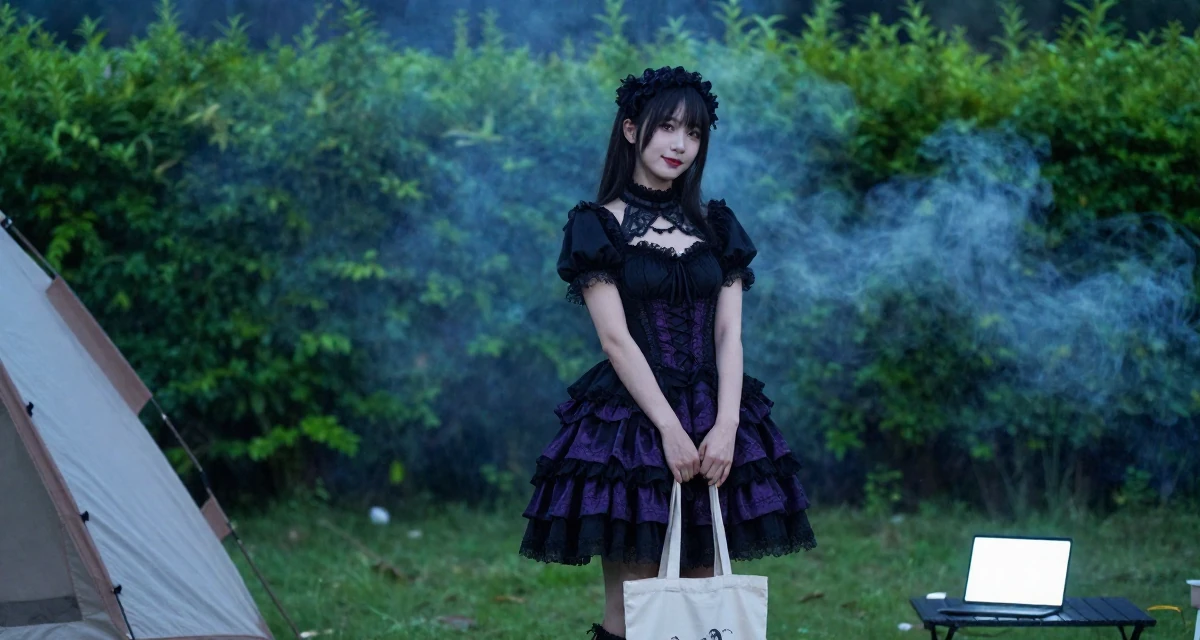 A positive Female Once a swimwear shop clerk, now modeling her own collections in their 30, seeking adventure and outdoor challenges,
wearing a elaborate gothic lolita dress with frills and lace, carrying a tote bag in a camping site.
