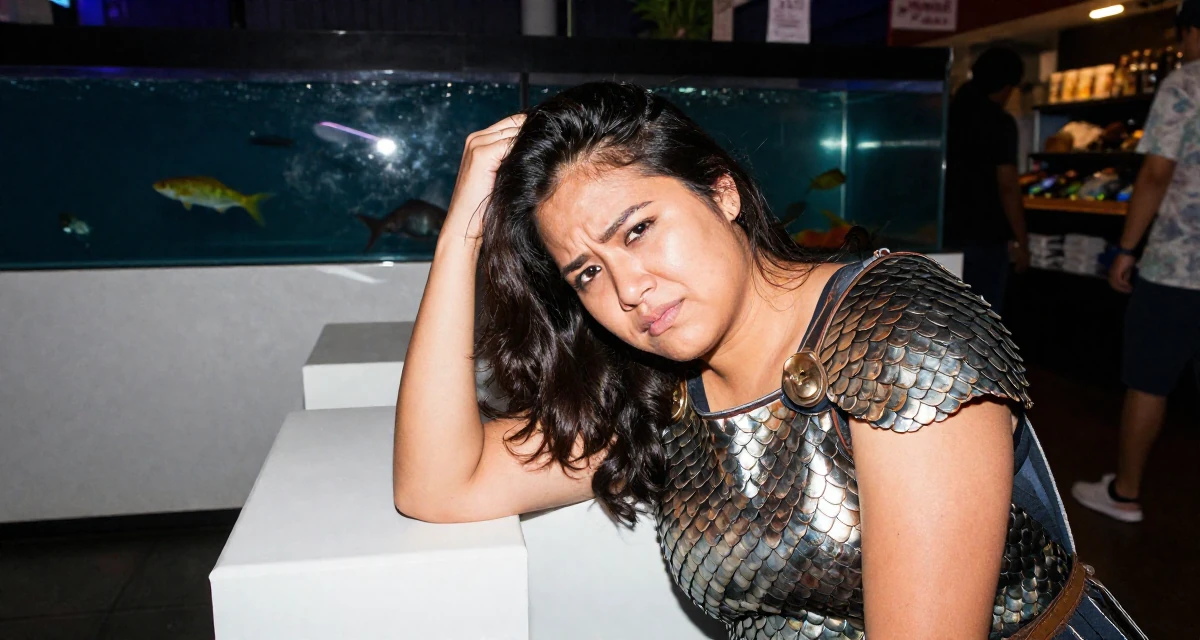 A stressed Female From Jakarta Indonesia, developed body-positive messaging through community work in their 36, focusing on mental health and mindfulness,
wearing a dragon scale armor texture with metallic sheen, twirling a lock of hair in a aquarium tunnel.