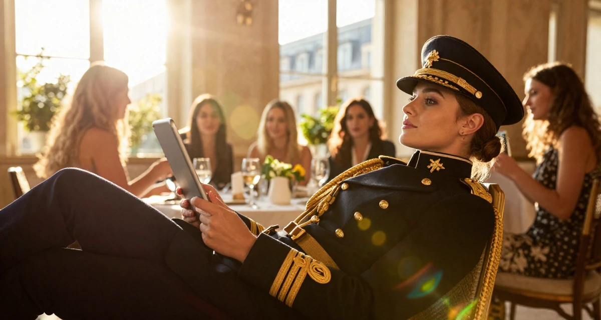A dreamy Female From Paris France, majored in cultural studies in their 21, drifting between different friend groups,
wearing a military general uniform with gold braiding and a hat, holding a tablet device in a banquet hall.