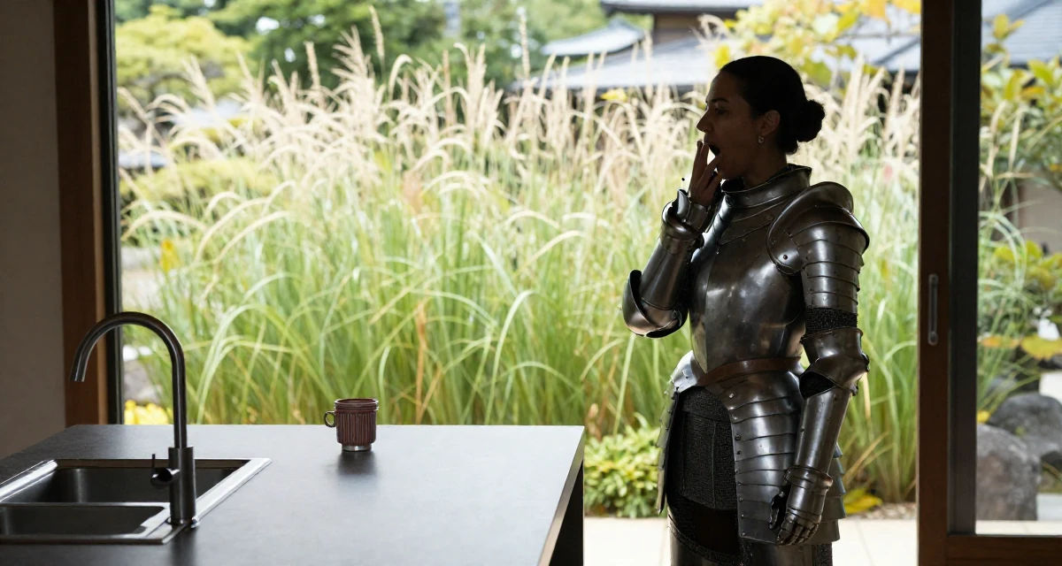 A resilient Female From Zurich Switzerland, learned luxury lifestyle imaging in their 49, savvy investor sharing retirement planning tips,
wearing a fantasy warrior princess armor made of silver metal, yawning discreetly in a sunlit kitchen island.