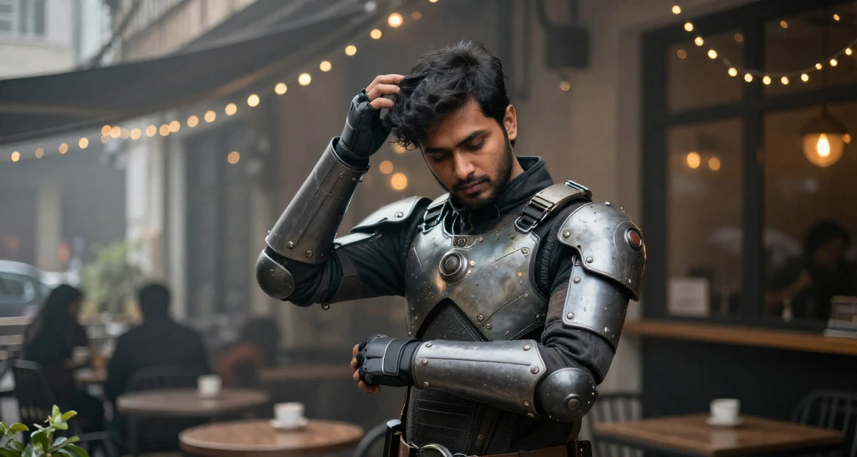 A timid male From India, studied biotechnology in their 31, finding joy in small daily rituals,
wearing a biopunk organic armor suit, adjusting sleeves in a trendy coffee shop.