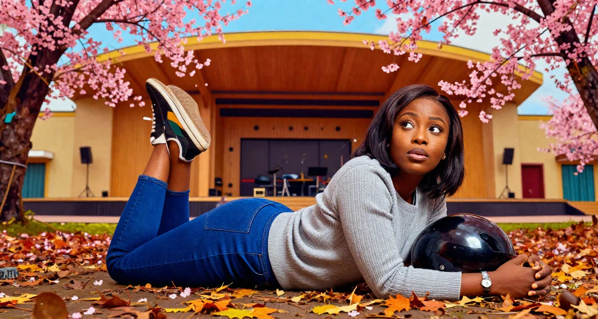 A curious and focused Female From Nigeria, majored in business communication in their 44, building a legacy for the next generation,
wearing a modern casual lifestyle wear, holding a helmet under one arm in a concert hall.