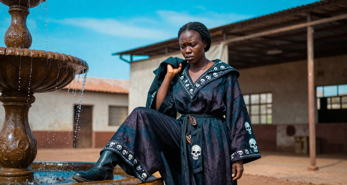 A worried Female From Mali, majored in agricultural management in their 24, figuring out how to manage trolls and harassment,
wearing a dark fantasy necromancer robe with skull motifs, holding a jacket over a shoulder in a industrial warehouse.