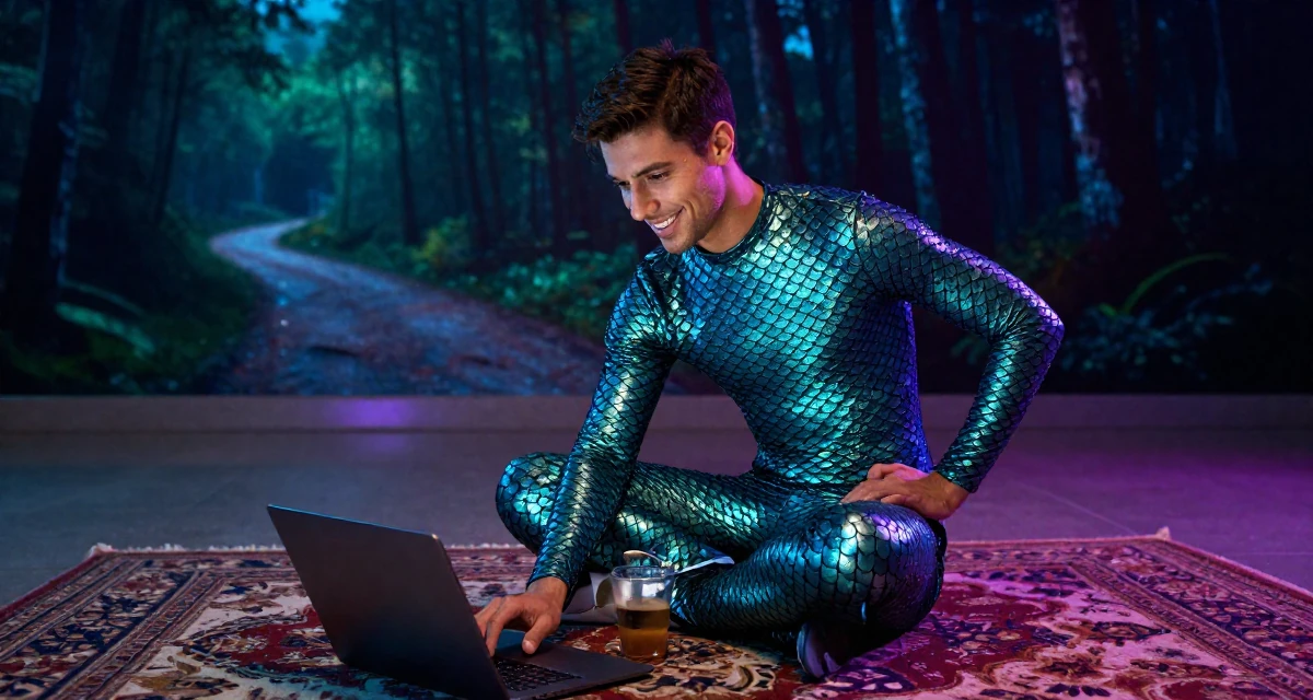 A quietly happy male From Spain, majored in public relations and advertising in their 20, buzzing with naive optimism and caffeine energy,
wearing a mermaid scale texture bodysuit with fin details, typing on a laptop in a airport departure lounge.
