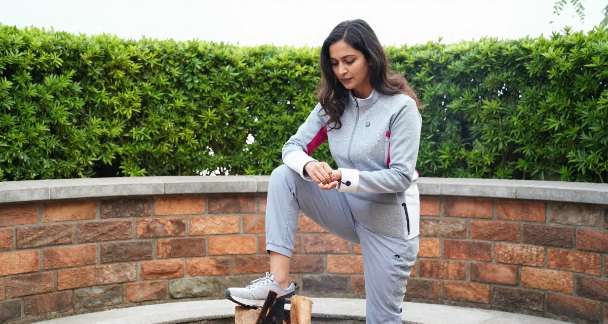 A relaxed Female From Bangladesh, studied textile engineering in their 38, reviewer of high-end tech products,
wearing a modern tech-wear inspired look, fixing a cufflink in a campfire circle.
