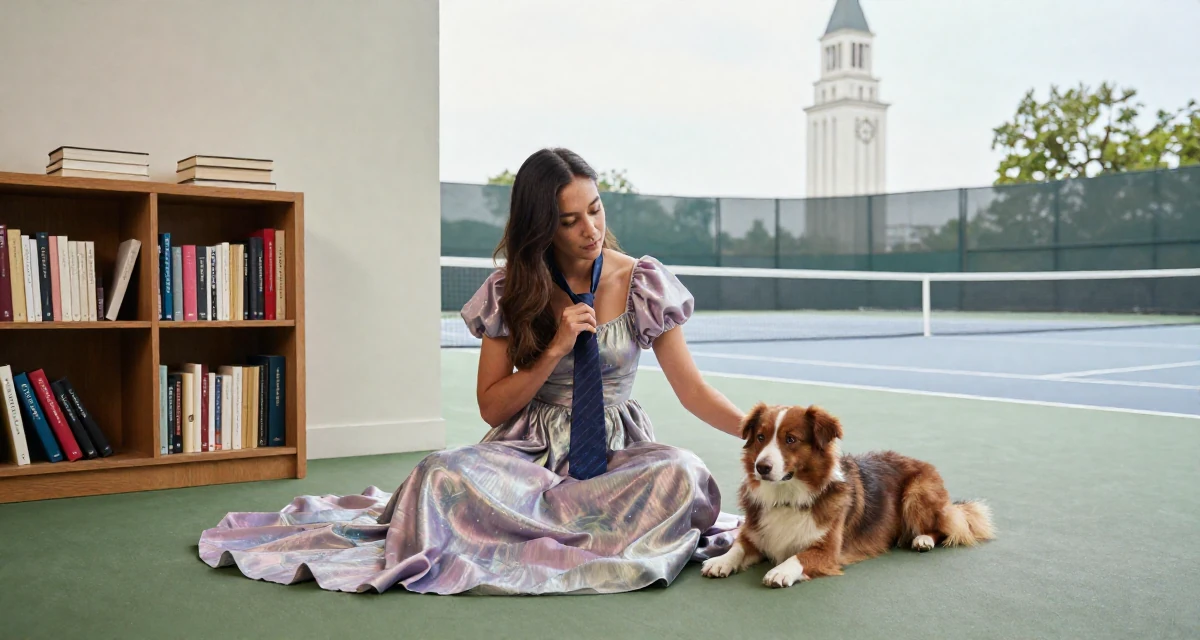 A absent-minded Female From United States, majored in forestry studies in their 34, creating content about pet care and training,
wearing a galactic princess gown with metallic fabrics, playing with a tie in a tennis court.