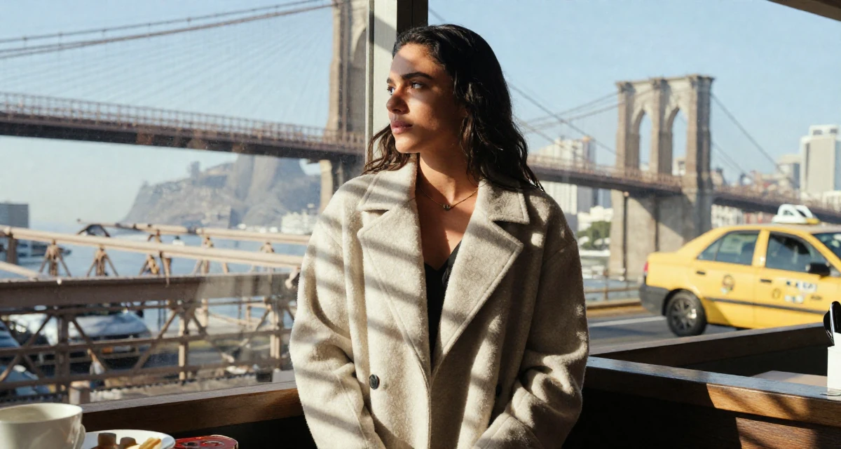A wild Female From Rio de Janeiro Brazil, learned fitness aesthetics through beach culture in their 25, handling pressure from family expectations,
wearing a elegant woolen coat styling, waiting for a taxi in a breakfast nook.