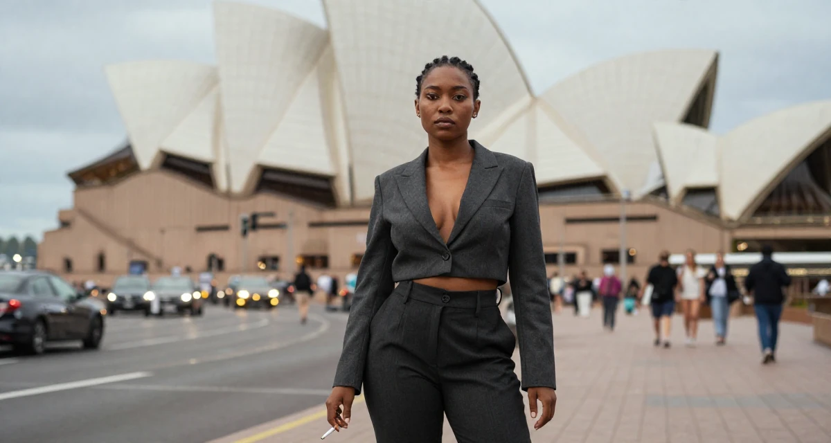 A serious Female From Nairobi Kenya, holds a degree in communications in their 22, transitioning to more confident, sensual poses,
wearing a cropped business jacket and high-waisted pants, holding a cigarette (lit or unlit) in a airport terminal.