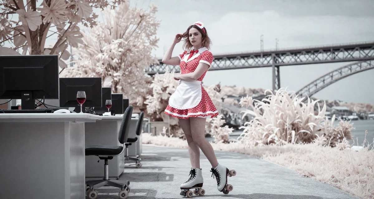 A ethereal Female From Portugal, majored in architecture in their 23, discovering the allure of slow, controlled movement,
wearing a retro 50s diner waitress uniform with roller skates, crossing arms confidently in a cybernetic computer lab.